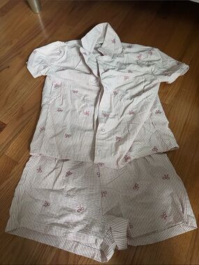 Women's Pink Striped Short Pajama Set with Bow Detail